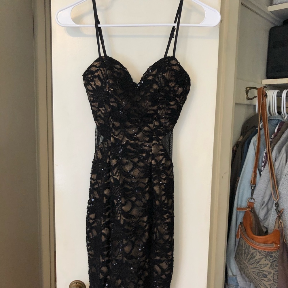 Sequin detailed mesh sides black dress